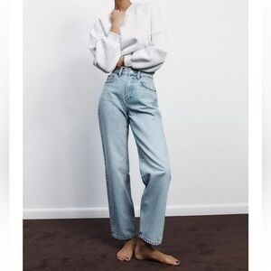 Zara Highrise Blue Button Fly Slim Straight Leg Jeans Cotton Size 4
